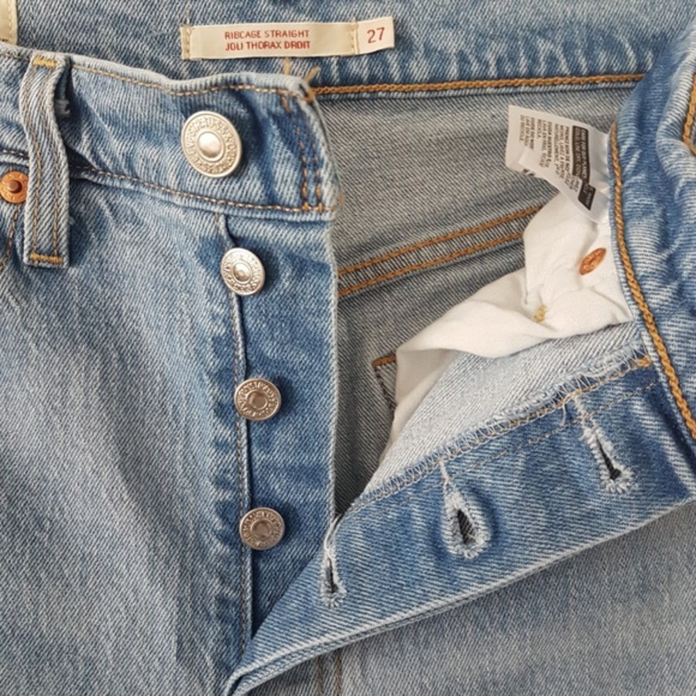Levis Ribcage Highwaist Straight Distress Button Fly Denim Light Wash Sz 27 - Picture 6 of 12